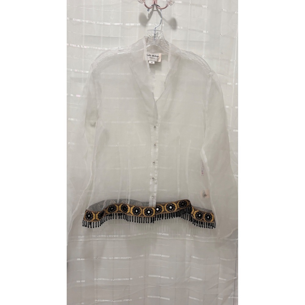 Kelly Bishop Evenings Sheer White Organza Blouse Mirror Bead Trim Size 14